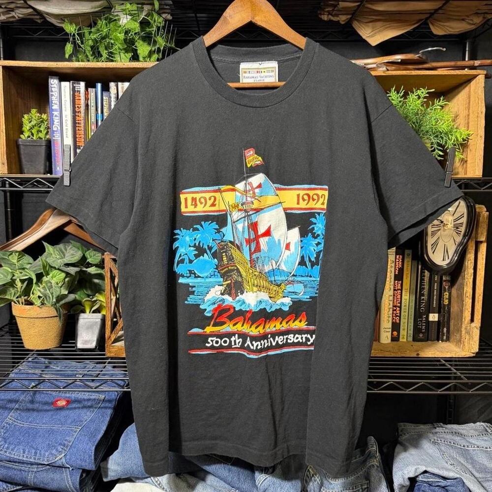 Vintage 90s Bahamas Sailboat Surf Tee Faded Black Palm Tree Ocean Shirt Mens XL
